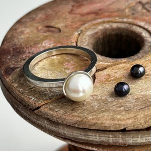 Sterling silver pearl ring with square band made in jewellery workshop