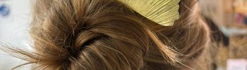 Image shows the back of a girls head, with her hair twisted into a bun and held in place with a large brass hair pin with a Gingko leaf design.